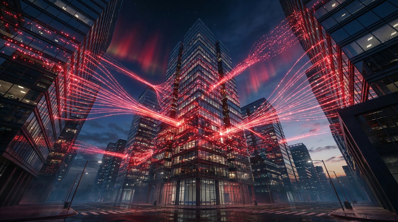 Digital Metropolis with Glowing Data Streams